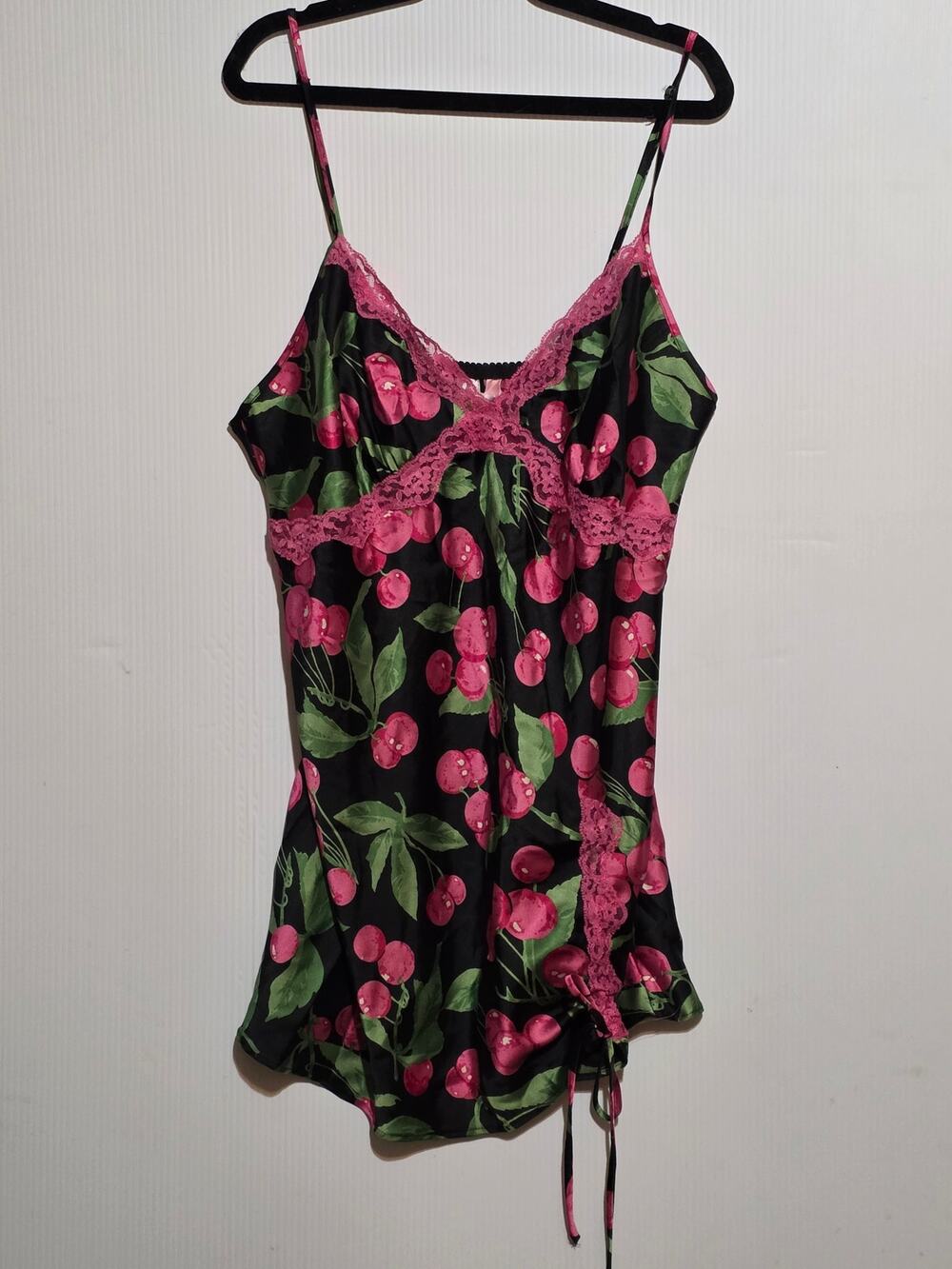 VTG Victoria's Secret Pink Lace Cherry Print Satin Cami Tank Top Dress Slip L